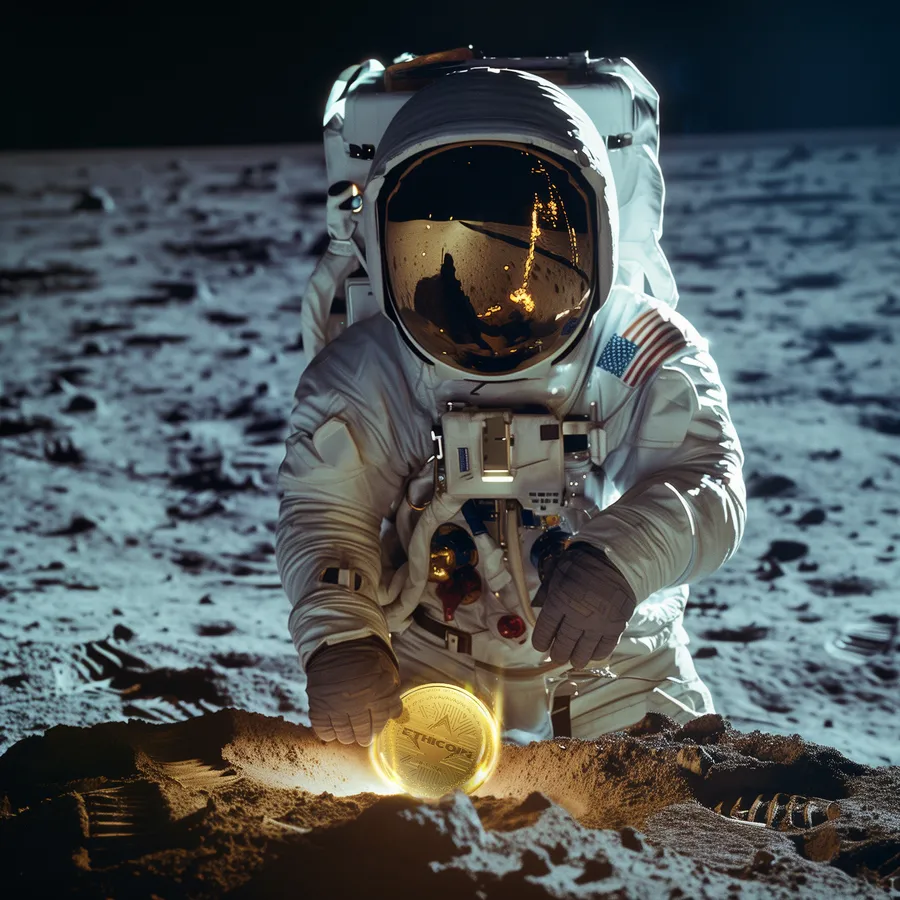 An astronaut on the Moon holding up a glowing gold Ethicoin