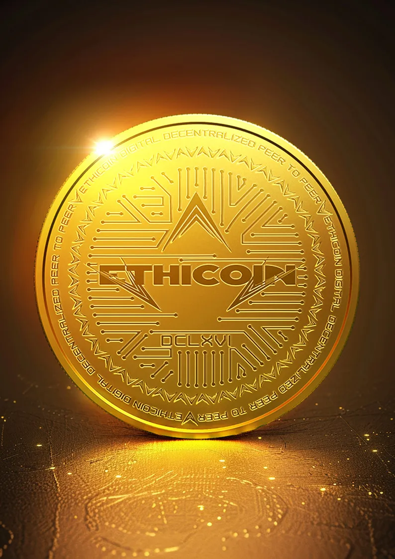 A gold Ethicoin standing on a glowing circuit floor