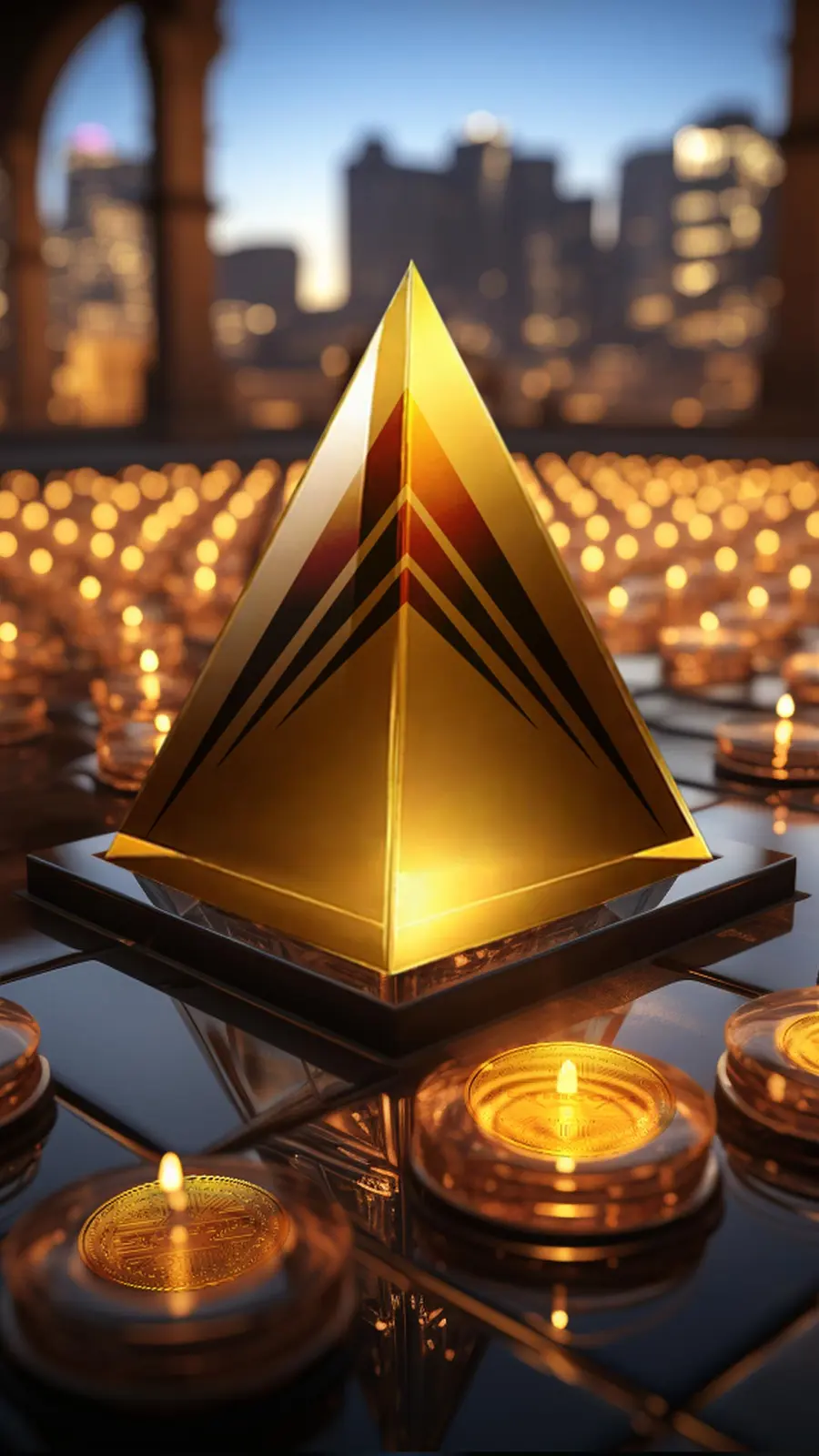A gold pyramid with the RichX chevrons above a table of glowing coins