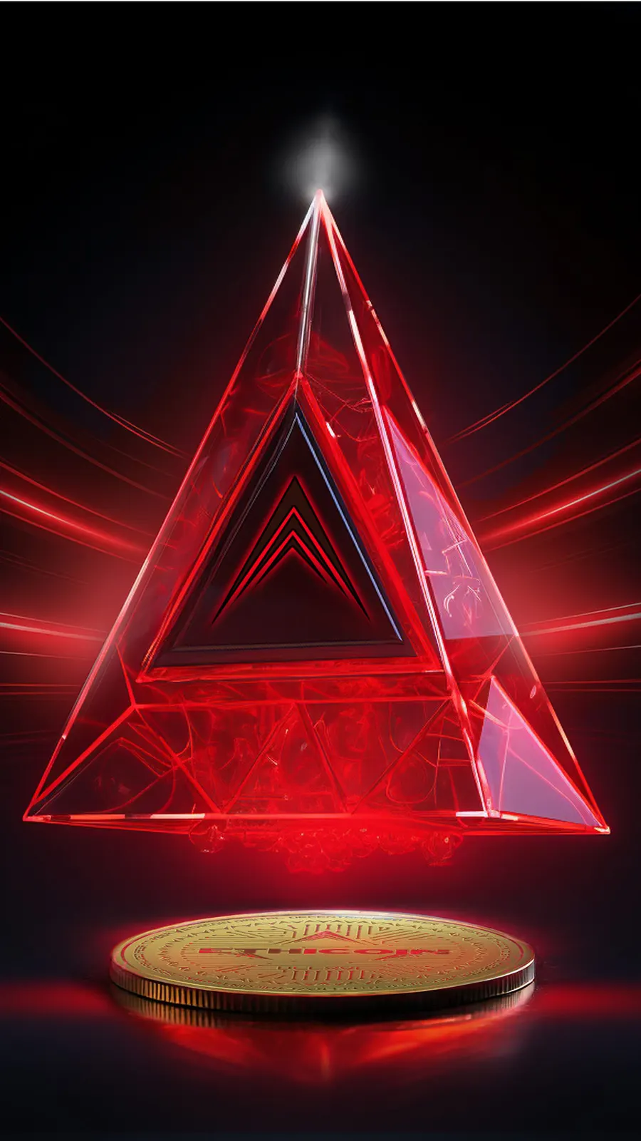 A glowing red crystal pyramid above a gold Ethicoin