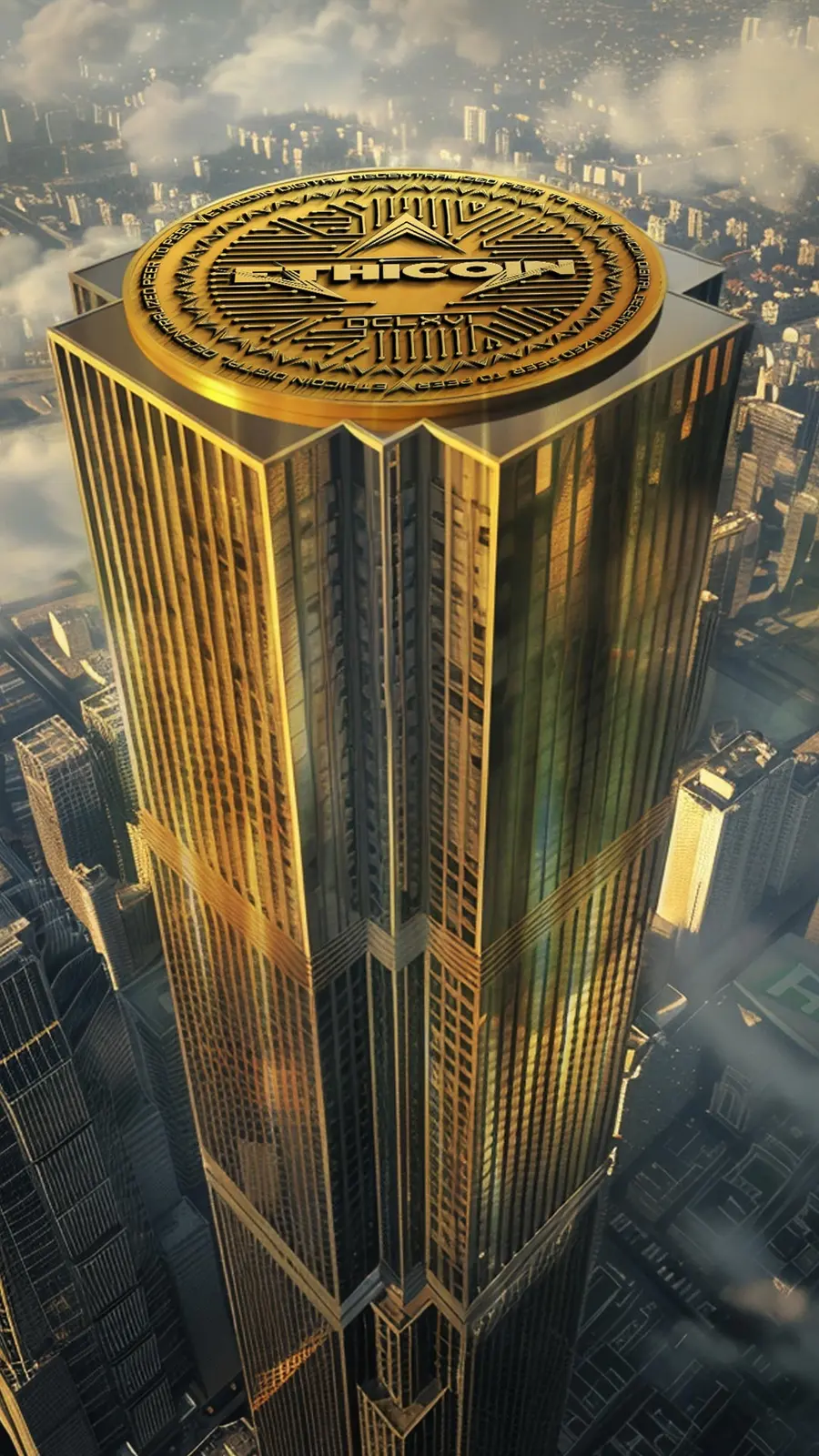 A giant gold Ethicoin on top of a golden skyscraper