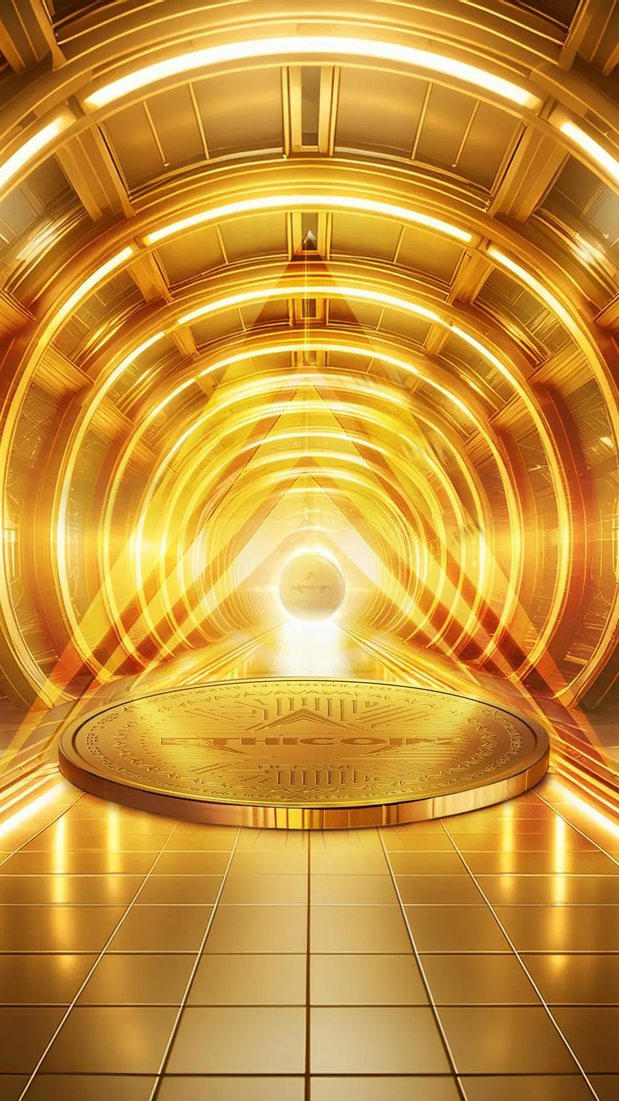 A golden tunnel of light with a giant Ethicoin on the floor